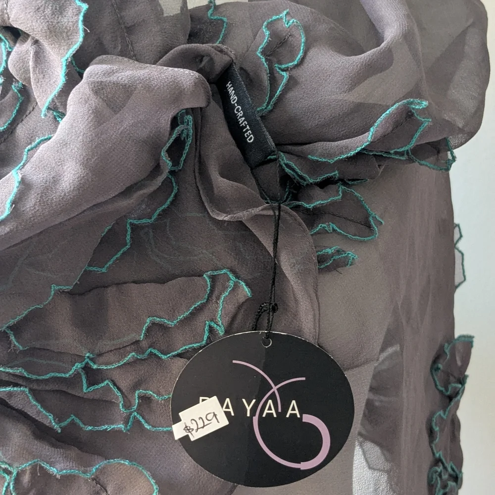 NWT BAYAA Gray Turquoise Silk Organza 3D Floral Evening Wrap Shawl Scarf